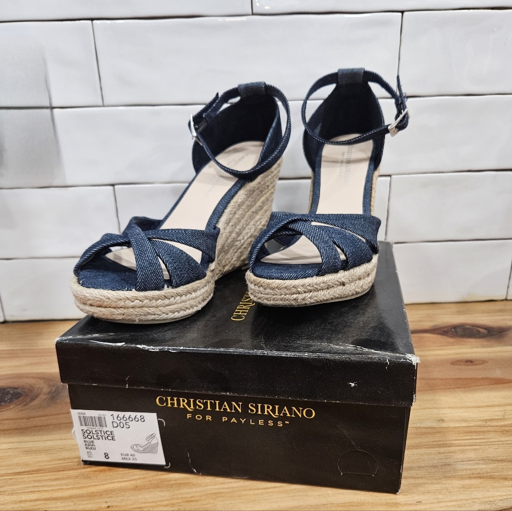 Christian Siriano Solstice Open Toe Blue Denim Style w Rope Wedge Heal Sandals